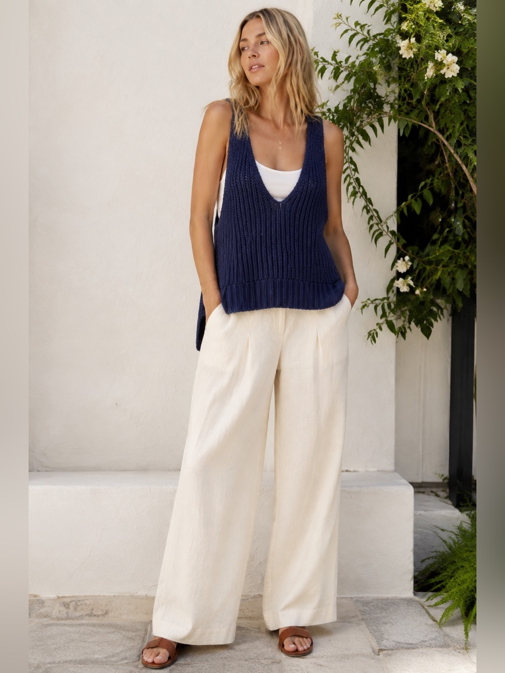 Pilcro Deep V Ribbed Knit Tank — Navy